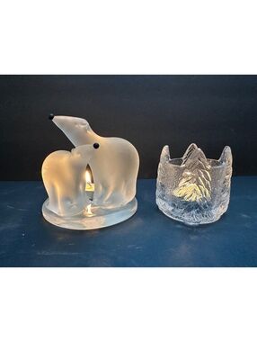Set of Frosted Glass Polar Bear / Christmas Tree Glass Tea Light Candle Holders